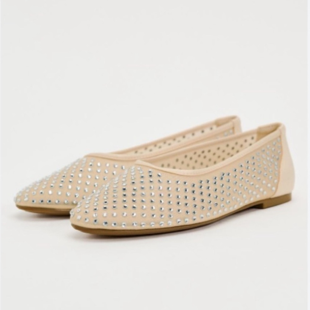 ZARA Beige Cream Nude Mesh Sheer Rhinestone Round Toe Ballet Flats